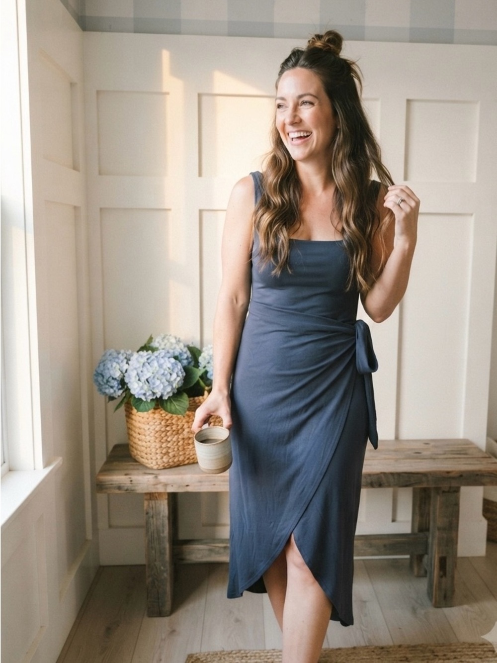 Wilfred Navy Square-Neck Midi Dress with Side Tie Medium
